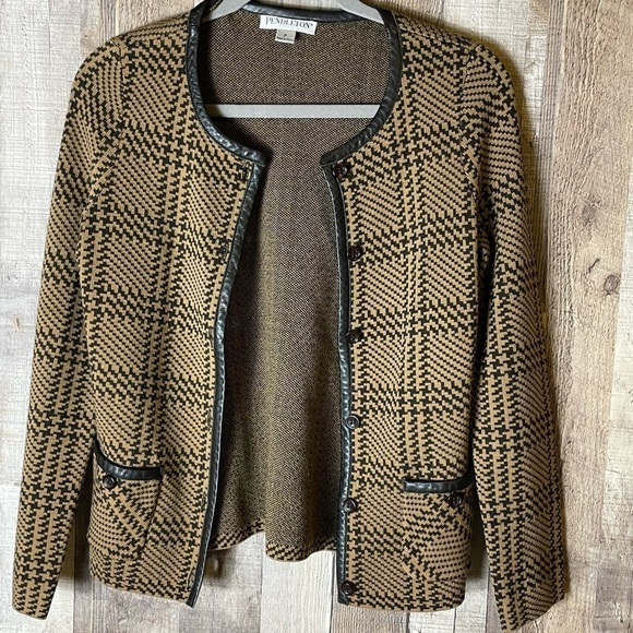 Pendleton brown merino wool leather trim buttoned cardigan - Picture 1 of 10